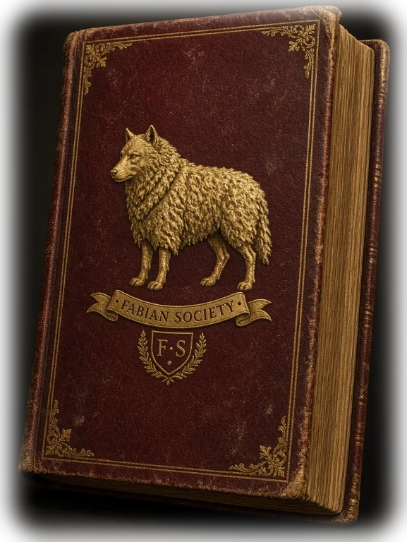 Ein in Bordeaux-Leder gebundenes Buch mit goldgeprägtem Wolf im Schafspelz und dem Schriftzug Fabian Society