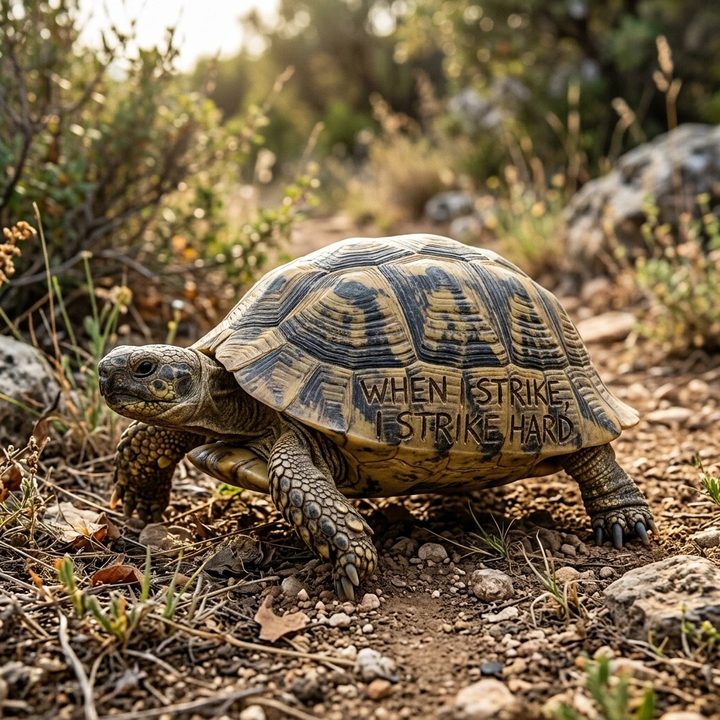 Griechische Landschildkröte auf steinigem Boden, auf dem Panzer eingraviert: When I strike, I strike hard